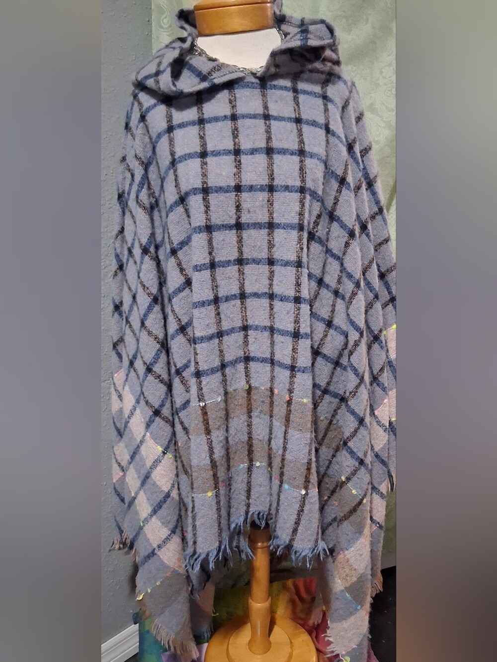 Marc New York Light Blue and Gray Plaid Hooded Poncho